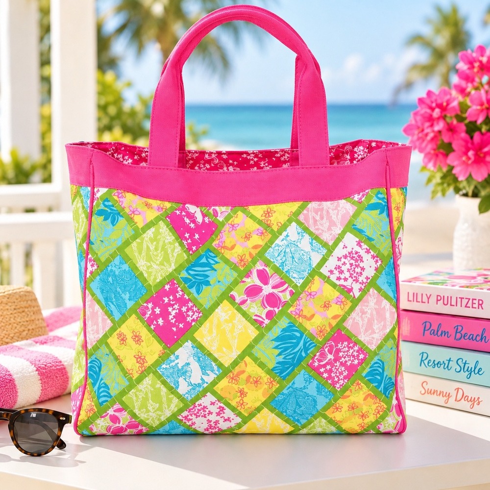 NEW Lilly Pulitzer Fragrance Collection Patchwork Floral Canvas Tote Bag Pink